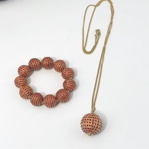 Ann Taylor Gold Plated Ruby Red Encrusted Crystal Ball Bracelet Necklace